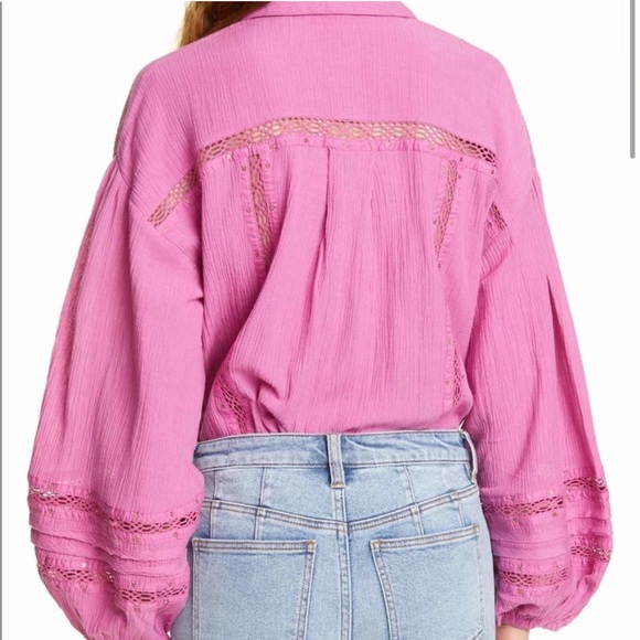 FREE PEOPLE Summer Stars Crochet Trim Boho Purple Pink Fuchsia Blouse Shirt M - Picture 5 of 15